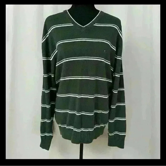 E09 TOMMY HILFIGER Vneck Knitwear Jumper size Large Mens Striped Pullover - Picture 1 of 11
